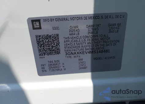 2021 Chevrolet Equinox Fwd Lt from USA, damaged, VIN 3GNAXKEV4MS148481